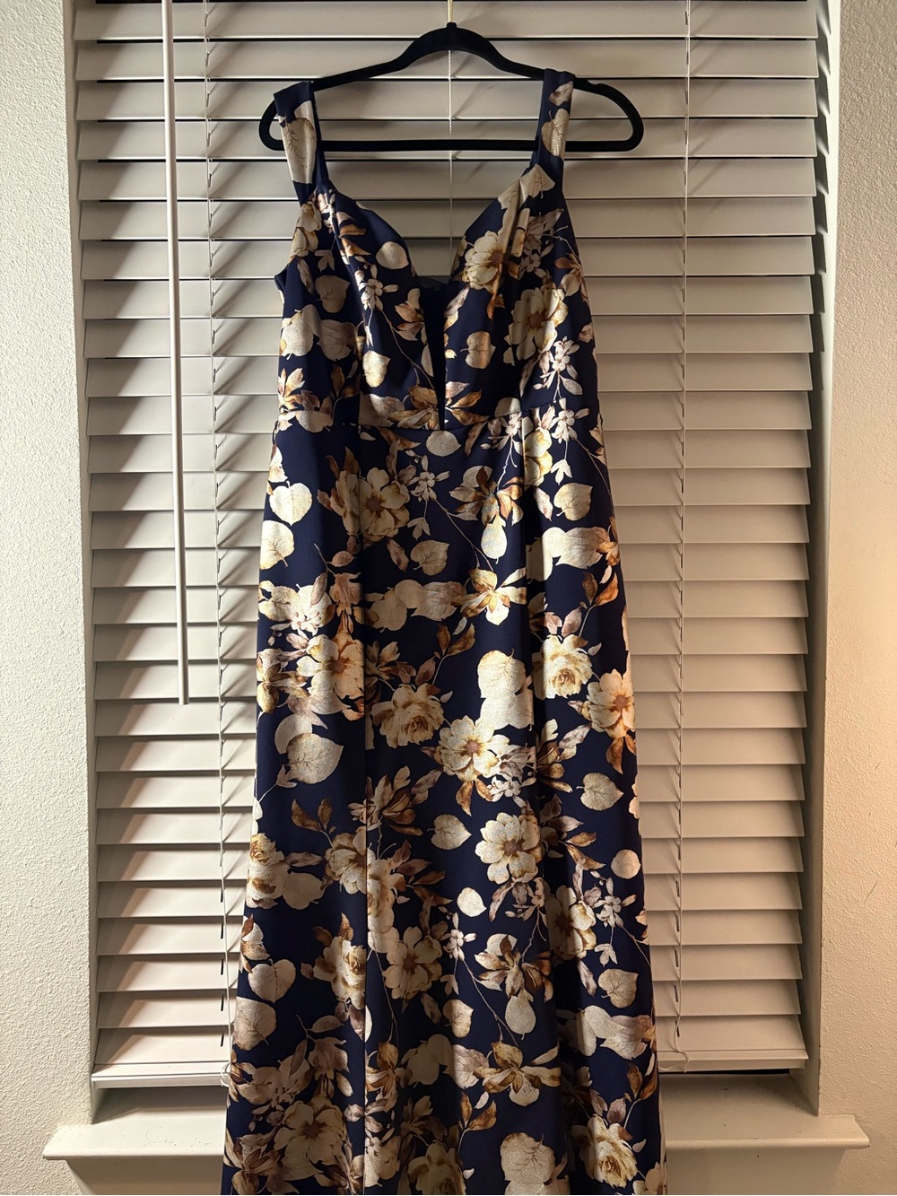 jo + el Navy Blue Floral Formal Evening Gown Mesh Plunge Mermaid Silhouette 2XL